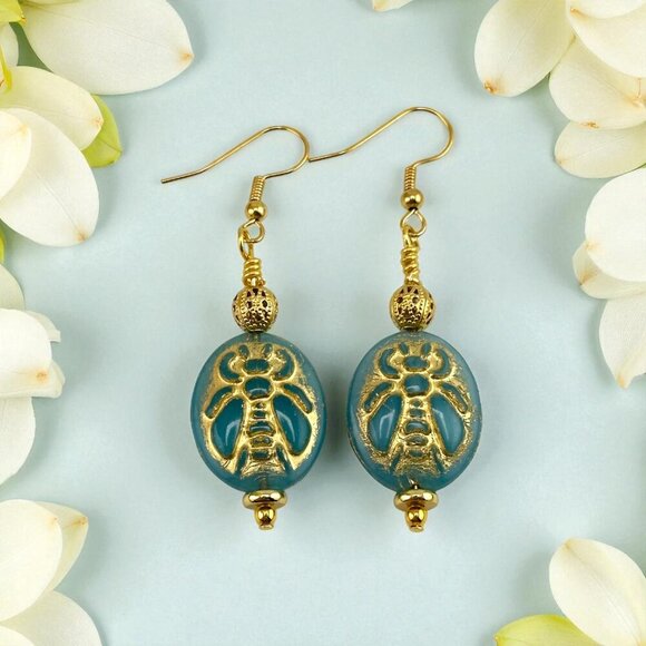 Sky Blue Gold Dusted Bee Earrings Gold Plated French Hook Ear Wires - Picture 4 of 9